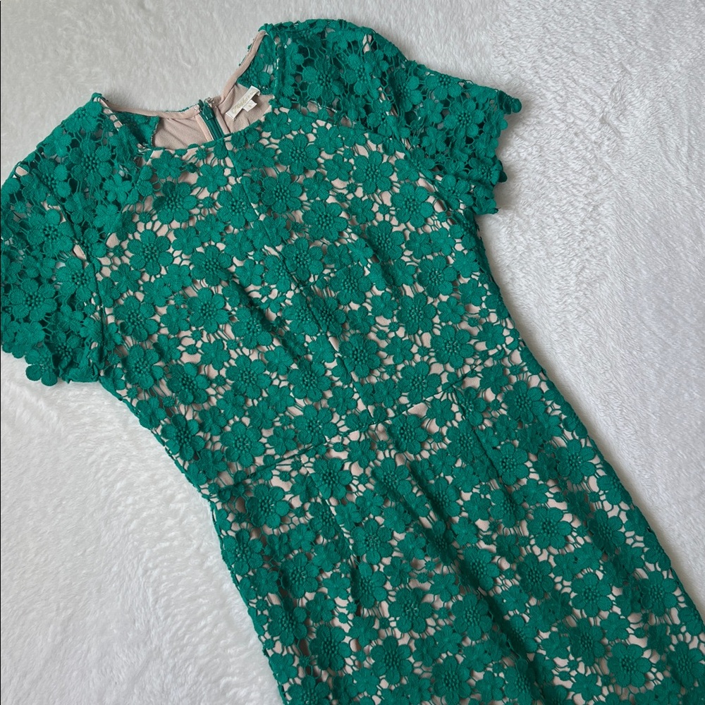 Shoshanna Green Crochet Overlay Dress with Nude Lining